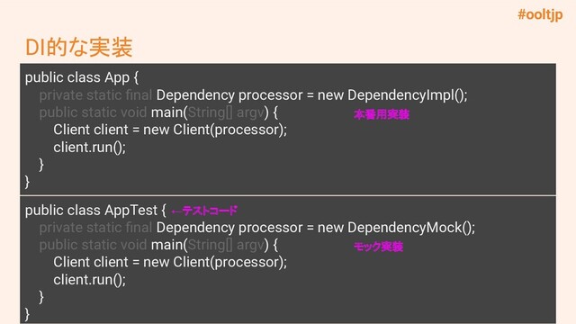 #ooltjp
DI的な実装
public class App {
private static ﬁnal Dependency processor = new DependencyImpl();
public static void main(String[] argv) {
Client client = new Client(processor);
client.run();
}
}
public class AppTest {
private static ﬁnal Dependency processor = new DependencyMock();
public static void main(String[] argv) {
Client client = new Client(processor);
client.run();
}
}
本番用実装
モック実装
←テストコード
