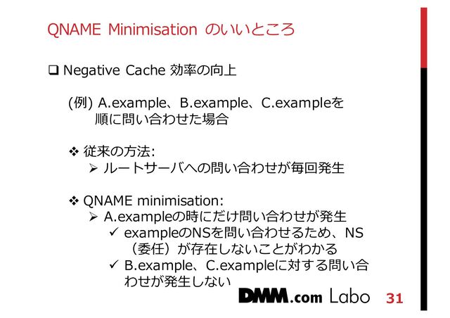 31
QNAME Minimisation のいいところ
q Negative Cache 効率率率の向上
(例例) A.example、B.example、C.exampleを
順に問い合わせた場合
v 従来の⽅方法:
Ø ルートサーバへの問い合わせが毎回発⽣生
v QNAME minimisation:
Ø A.exampleの時にだけ問い合わせが発⽣生
ü exampleのNSを問い合わせるため、NS
（委任）が存在しないことがわかる
ü B.example、C.exampleに対する問い合
わせが発⽣生しない

