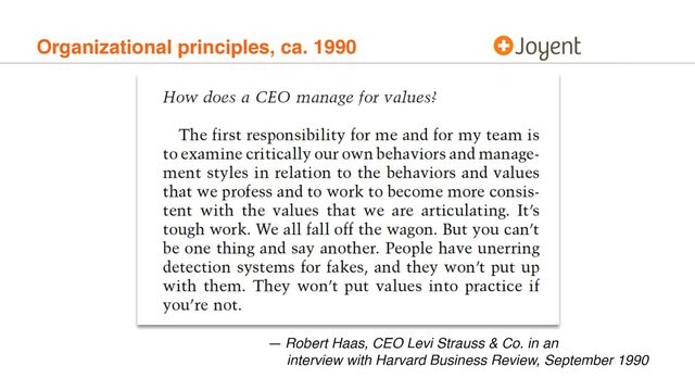 Organizational principles, ca. 1990
— Robert Haas, CEO Levi Strauss & Co. in an 
interview with Harvard Business Review, September 1990
