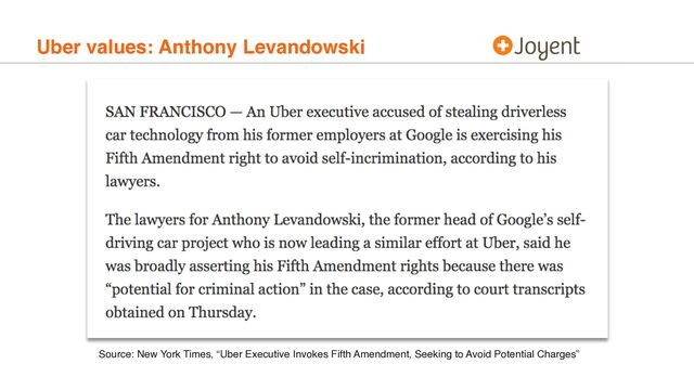 Uber values: Anthony Levandowski
Source: New York Times, “Uber Executive Invokes Fifth Amendment, Seeking to Avoid Potential Charges”
