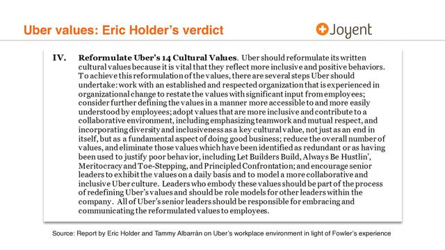 Uber values: Eric Holder’s verdict
Source: Report by Eric Holder and Tammy Albarrán on Uber’s workplace environment in light of Fowler’s experience
