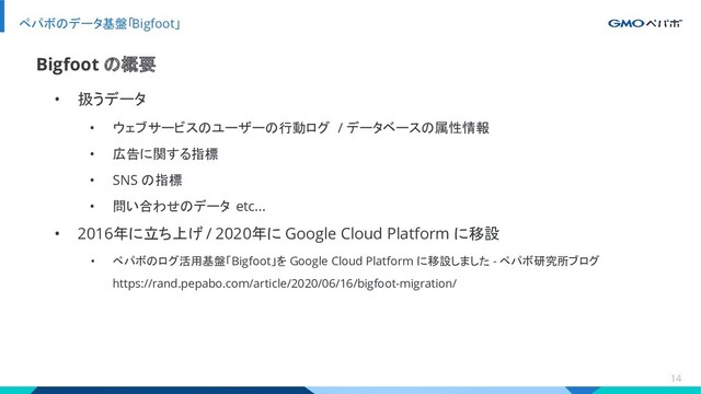 ペパボのデータ基盤「Bigfoot」
14
• 扱うデータ
• ウェブサービスのユーザーの行動ログ / データベースの属性情報
• 広告に関する指標
• SNS の指標
• 問い合わせのデータ etc...
• 2016年に立ち上げ / 2020年に Google Cloud Platform に移設
• ペパボのログ活用基盤「Bigfoot」を Google Cloud Platform に移設しました - ペパボ研究所ブログ
https://rand.pepabo.com/article/2020/06/16/bigfoot-migration/
Bigfoot の概要
