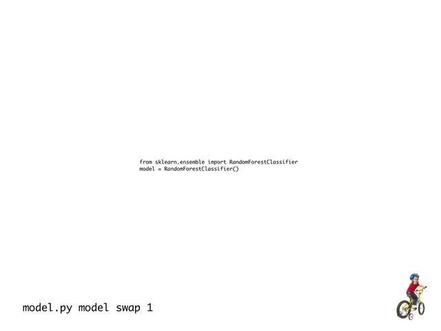 from sklearn.ensemble import RandomForestClassifier
model = RandomForestClassifier()
model.py model swap 1
