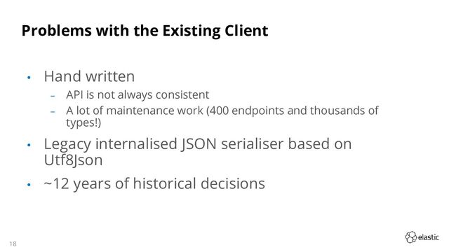 18
Problems with the Existing Client
• Hand written
‒ API is not always consistent
‒ A lot of maintenance work (400 endpoints and thousands of
types!)
• Legacy internalised JSON serialiser based on
Utf8Json
• ~12 years of historical decisions
