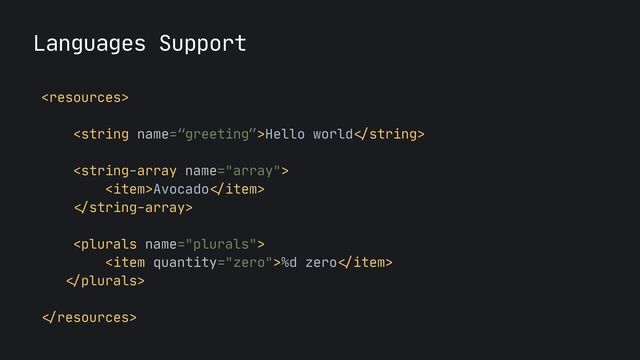 Languages Support


Hello world

string>



Avocado

item>


string-array>



%d zero

item>


plurals>


resources>

