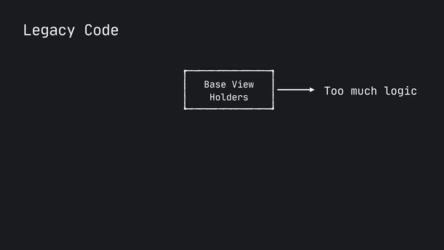 Legacy Code
Base View
Holders
Too much logic
