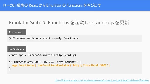const app = firebase.initializeApp(config)
if (process.env.NODE_ENV === 'development') {
app.functions().useFunctionsEmulator('http://localhost:5001')
}
Emulator Suite で Functions を起動し src/index.js を更新
src/index.js
ローカル環境の React から Emulator の Functions を呼び出す
https://firebase.google.com/docs/emulator-suite/connect_and_prototype?database=Firestore
$ firebase emulators:start --only functions
Command

