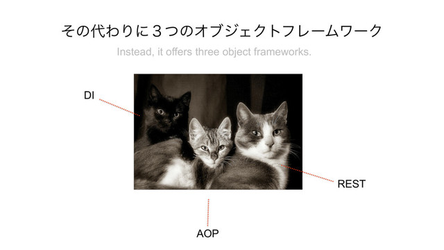 ͦͷ୅ΘΓʹ̏ͭͷΦϒδΣΫτϑϨʔϜϫʔΫ
DI
AOP
REST 
Instead, it offers three object frameworks.
