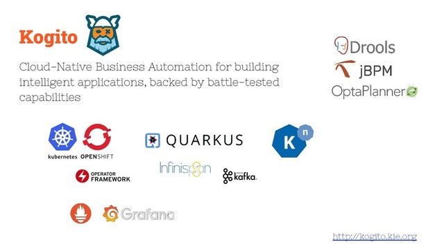 Kogito
Cloud-Native Business Automation for building
intelligent applications, backed by battle-tested
capabilities
http:/
/kogito.kie.org
