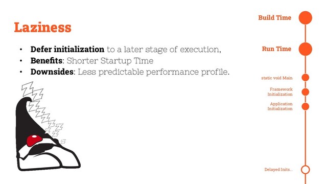 Laziness
• Defer initialization to a later stage of execution,
• Beneﬁts: Shorter Startup Time
• Downsides: Less predictable performance profile.
Build Time
Run Time
static void Main
Framework
Initialization
Application
Initialization
Delayed Inits...
