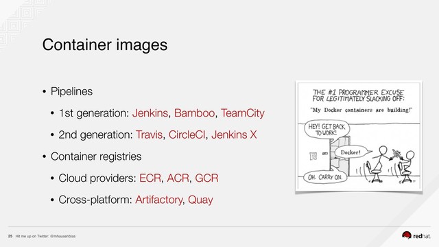 Hit me up on Twitter: @mhausenblas
25
Container images
• Pipelines
• 1st generation: Jenkins, Bamboo, TeamCity
• 2nd generation: Travis, CircleCI, Jenkins X
• Container registries
• Cloud providers: ECR, ACR, GCR
• Cross-platform: Artifactory, Quay
