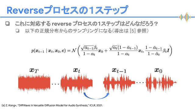 Proprietary + Conﬁdential
[6] Z. Kong+, “DiffWave: A Versatile Diffusion Model for Audio Synthesis,” ICLR, 2021.
Reverseプロセスの１ステップ
❏ これに対応する reverse プロセスの１ステップはどんなだろう？
❏ 以下の正規分布からのサンプリングになる（導出は [5] 参照）
