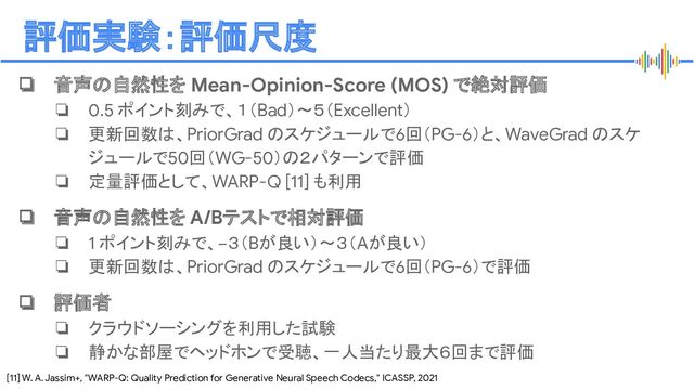 Proprietary + Conﬁdential
評価実験：評価尺度
❏ 音声の自然性を Mean-Opinion-Score (MOS) で絶対評価
❏ 0.5 ポイント刻みで、１（Bad）〜５（Excellent）
❏ 更新回数は、PriorGrad のスケジュールで6回（PG-6）と、WaveGrad のスケ
ジュールで50回（WG-50）の２パターンで評価
❏ 定量評価として、WARP-Q [11] も利用
❏ 音声の自然性を A/Bテストで相対評価
❏ 1 ポイント刻みで、−３（Bが良い）〜３（Aが良い）
❏ 更新回数は、PriorGrad のスケジュールで6回（PG-6）で評価
❏ 評価者
❏ クラウドソーシングを利用した試験
❏ 静かな部屋でヘッドホンで受聴、一人当たり最大６回まで評価
[11] W. A. Jassim+, "WARP-Q: Quality Prediction for Generative Neural Speech Codecs," ICASSP, 2021
