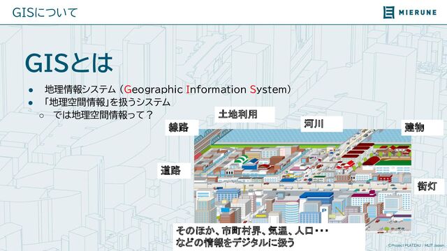 ©Project PLATEAU / MLIT Japan
GISとは
● 地理情報システム （Geographic Information System）
● 「地理空間情報」を扱うシステム
○ では地理空間情報って？
河川
土地利用
街灯
建物
道路
線路
そのほか、市町村界、気温、人口・・・
などの情報をデジタルに扱う
GISについて

