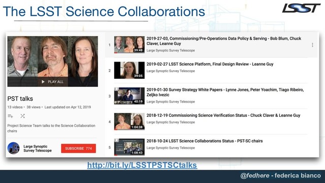 The LSST Science Collaborations
http://bit.ly/LSSTPSTSCtalks
@fedhere - federica bianco
