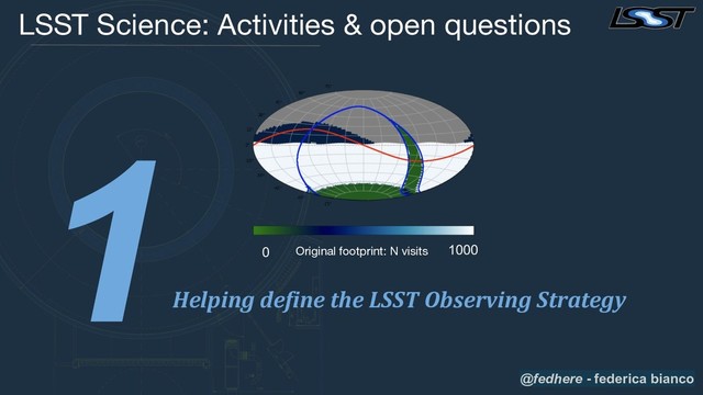 1
Helping define the LSST Observing Strategy
LSST Science: Activities & open questions
Original footprint: N visits
0 1000
@fedhere - federica bianco
