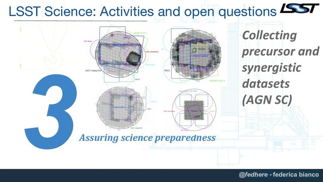3
Assuring science preparedness
Collecting
precursor and
synergistic
datasets
(AGN SC)
LSST Science: Activities and open questions
@fedhere - federica bianco
