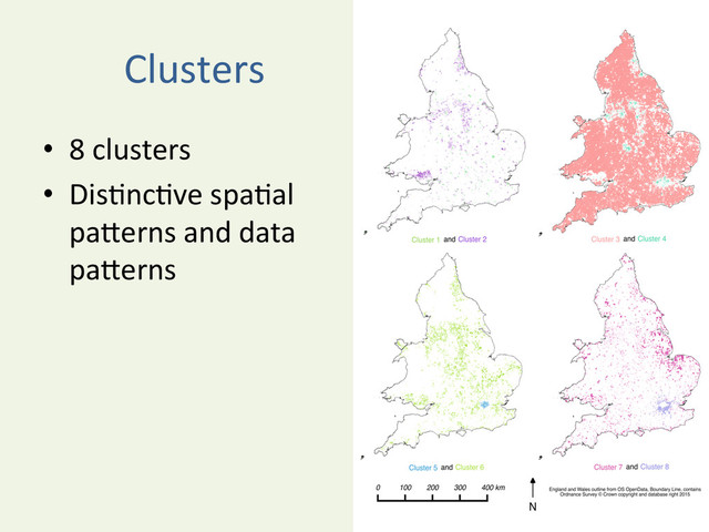 Clusters	  
•  8	  clusters	  
•  Dis^nc^ve	  spa^al	  
paBerns	  and	  data	  
paBerns	  
