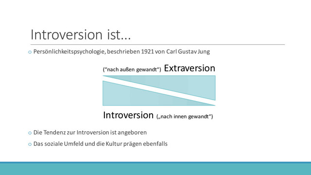 Introversion ist...
o Persönlichkeitspsychologie, beschrieben 1921 von Carl Gustav Jung
o Die Tendenz zur Introversion ist angeboren
o Das soziale Umfeld und die Kultur prägen ebenfalls
(“nach außen gewandt“)
Extraversion
Introversion („nach innen gewandt“)
