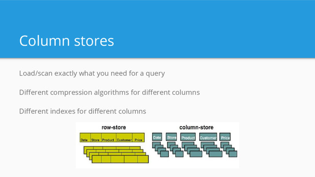Column stores
Load/scan exactly what you need for a query
Different compression algorithms for different columns
Different indexes for different columns

