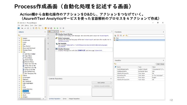12
Process作成画面（自動化処理を記述する画面）
Action欄から自動化操作のアクションをD&Dし、アクションをつなげていく。
（AzureのText Analyticsサービスを使った言語解析のプロセスを４アクションで作成）
