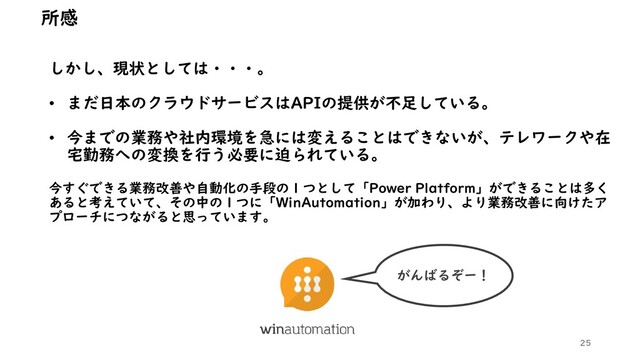 しかし、現状としては・・・。
• まだ日本のクラウドサービスはAPIの提供が不足している。
• 今までの業務や社内環境を急には変えることはできないが、テレワークや在
宅勤務への変換を行う必要に迫られている。
今すぐできる業務改善や自動化の手段の１つとして「Power Platform」ができることは多く
あると考えていて、その中の１つに「WinAutomation」が加わり、より業務改善に向けたア
プローチにつながると思っています。
25
所感
がんばるぞー！
