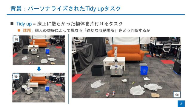 背景：パーソナライズされたTidy upタスク
◼ Tidy up = 床上に散らかった物体を片付けるタスク
◼ 課題：個人の嗜好によって異なる「適切な収納場所」をどう判断するか
3
前
後
4x
