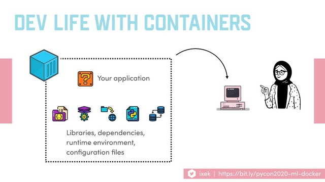 DEV LIFE WITH CONTAINERS
Your application
Libraries, dependencies,
runtime environment,
conﬁguration ﬁles
ixek | https://bit.ly/pycon2020-ml-docker
