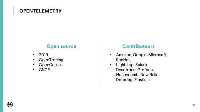 10
OPENTELEMETRY
Open source
• 2019
• OpenTracing
• OpenCensus
• CNCF
Contributeurs
• Amazon, Google, Microsoft,
RedHat, …
• Lightstep, Splunk,
Dynatrace, Grafana,
Honeycomb, New Relic,
Datadog, Elastic, …
