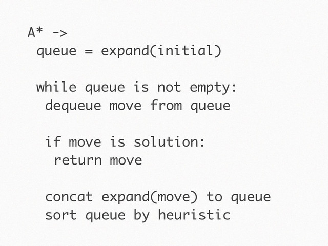A* ->
queue = expand(initial)
while queue is not empty:
dequeue move from queue
if move is solution:
return move
concat expand(move) to queue
sort queue by heuristic
