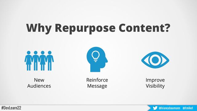 Why Repurpose Content?
#DevLearn22 @biancabaumann @tmiket
Improve
Visibility
Reinforce
Message
New
Audiences
