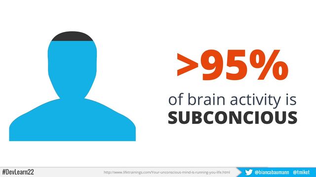 #DevLearn22 @biancabaumann @tmiket
>95%
of brain activity is
SUBCONCIOUS
http://www.lifetrainings.com/Your-unconscious-mind-is-running-you-life.html
