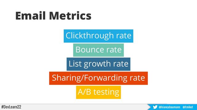 #DevLearn22 @biancabaumann @tmiket
Email Metrics
Clickthrough rate
Bounce rate
List growth rate
Sharing/Forwarding rate
A/B testing
