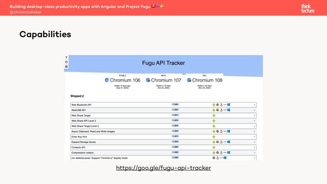 Building desktop-class productivity apps with Angular and Project Fugu 🅰💘🐡
@christianliebel
Capabilities
https://goo.gle/fugu-api-tracker
