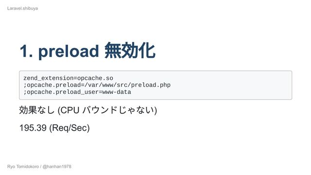 1. preload
無効化
zend_extension=opcache.so

;opcache.preload=/var/www/src/preload.php

;opcache.preload_user=www-data

効果なし (CPU
バウンドじゃない)
195.39 (Req/Sec)
Laravel.shibuya
Ryo Tomidokoro / @hanhan1978

