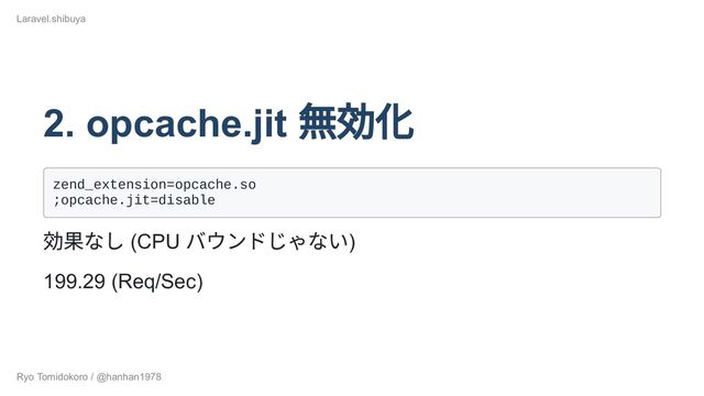 2. opcache.jit
無効化
zend_extension=opcache.so

;opcache.jit=disable

効果なし (CPU
バウンドじゃない)
199.29 (Req/Sec)
Laravel.shibuya
Ryo Tomidokoro / @hanhan1978
