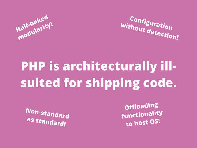 PHP is architecturally ill-
suited for shipping code.
Half-baked
modularity!
Conﬁguration
without detection!
Oﬄoading
functionality
to host OS!
Non-standard
as standard!
