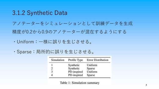 3.1.2 Synthetic Data
8
アノテーターをシミュレーションとして訓練データを生成
精度が0.2から0.9のアノテーターが混在するようにする
・Uniform：一様に誤りを生じさせる。
・Sparse：局所的に誤りを生じさせる。
