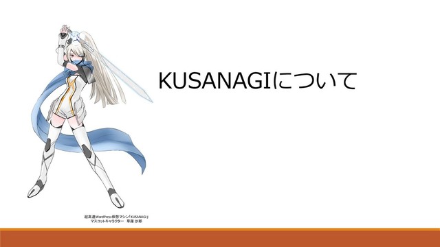 超高速WordPress仮想マシン「KUSANAGI」
マスコットキャラクター 草薙 沙耶
KUSANAGIについて
