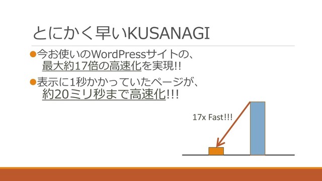 とにかく早いKUSANAGI
⚫今お使いのWordPressサイトの、
最大約17倍の高速化を実現!!
⚫表示に1秒かかっていたページが、
約20ミリ秒まで高速化!!!
17x Fast!!!
