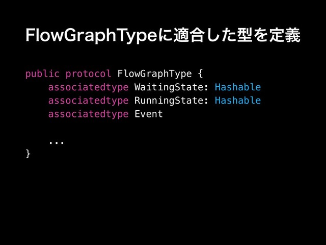'MPX(SBQI5ZQFʹద߹ͨ͠ܕΛఆٛ
public protocol FlowGraphType {
associatedtype WaitingState: Hashable
associatedtype RunningState: Hashable
associatedtype Event
...
}
