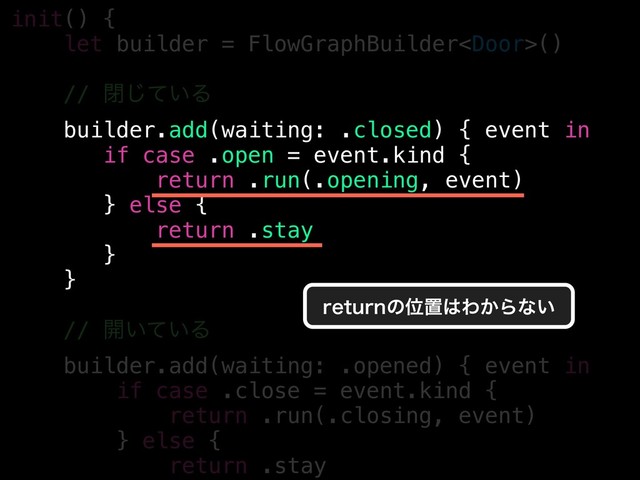 init() {
let builder = FlowGraphBuilder()
// ด͍ͯ͡Δ
builder.add(waiting: .closed) { event in
if case .open = event.kind {
return .run(.opening, event)
} else {
return .stay
}
}
// ։͍͍ͯΔ
builder.add(waiting: .opened) { event in
if case .close = event.kind {
return .run(.closing, event)
} else {
return .stay
SFUVSOͷҐஔ͸Θ͔Βͳ͍
