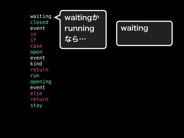 waiting
closed
event
in
if
case
open
event
kind
return
run
opening
event
else
return
stay
XBJUJOH͔
SVOOJOH
ͳΒʜ
XBJUJOH
