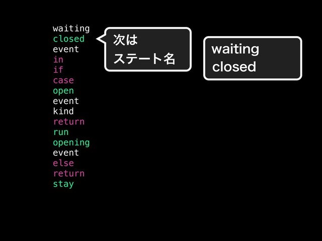 waiting
closed
event
in
if
case
open
event
kind
return
run
opening
event
else
return
stay
࣍͸
εςʔτ໊
XBJUJOH
DMPTFE
