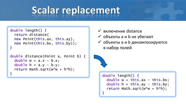 Scalar replacement
double length() {
return distance(
new Point(this.ax, this.ay),
new Point(this.bx, this.by));
}
double distance(Point a, Point b) {
double w = a.x - b.x;
double h = a.y - b.y;
return Math.sqrt(w*w + h*h);
}
double length() {
double w = this.ax - this.bx;
double h = this.ay - this.by;
return Math.sqrt(w*w + h*h);
}
 включение distance
 объекты a и b не убегают
 объекты a и b декомпозируются
в набор полей
