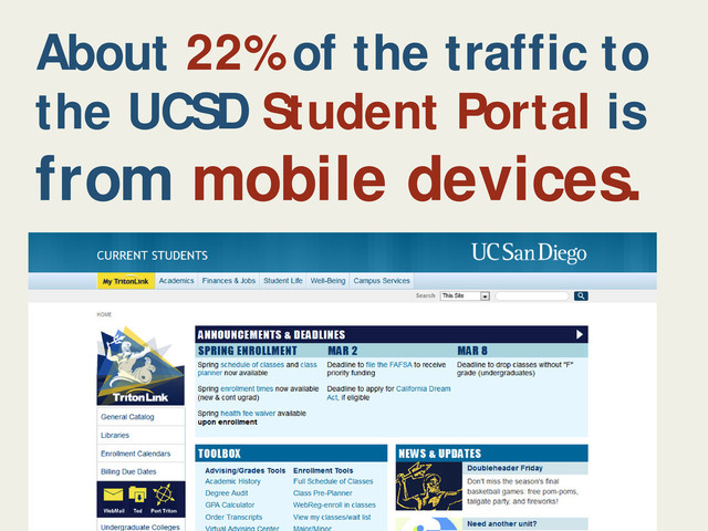 About 22% of the traffic to
the UCSD Student Portal is
from mobile devices.
