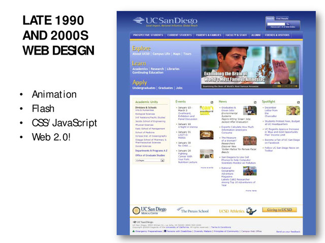 LATE 1990
AND 2000S
WEB DESIGN
• Animation
• Flash
• CSS/JavaScript
• Web 2.0!
