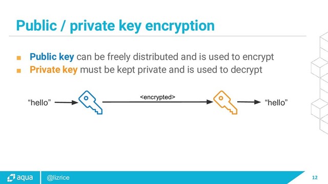 12
@lizrice
Public / private key encryption
■ Public key can be freely distributed and is used to encrypt
■ Private key must be kept private and is used to decrypt
“hello” “hello”

