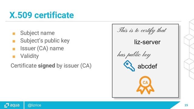 15
@lizrice
This is to certify that
liz-server
has public key
abcdef
X.509 certificate
■ Subject name
■ Subject’s public key
■ Issuer (CA) name
■ Validity
Certificate signed by issuer (CA)
CA
