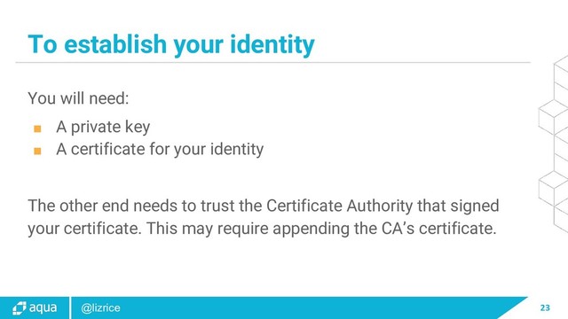 23
@lizrice
To establish your identity
You will need:
■ A private key
■ A certificate for your identity
The other end needs to trust the Certificate Authority that signed
your certificate. This may require appending the CA’s certificate.
